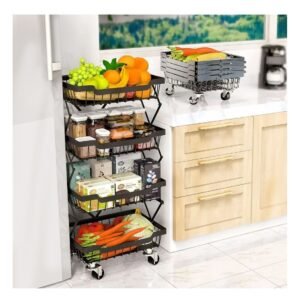 Verdulero Plegable de 4 Pisos Color Negro con Estructura en Metal para Cocina