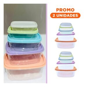 Pack2 Recipientes Plasticos Rectangulares 5 Piezas en Colores Pastel