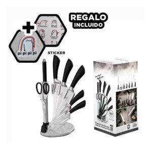 Set con Mango Ergonomico de 7 Unidades en Acero Inoxidable Color Negro Y+Regalo Sticker