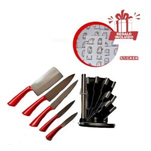 Set con Mango Ergonomico de 7 Unidades en Acero Inoxidable Color Rojo Y+Regalo Sticker