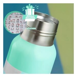 Vaso Termico de 500ml con 3 Tazas Verde Agua Acero Resistente Y+Regalo Sticker
