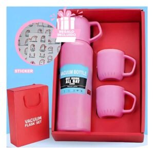 Vaso Termico de 500ml con 3 Tazas Rosado Acero Resistente Moderno Y+Regalo Sticker