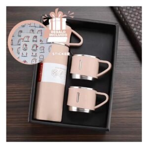 Contenedor Termico Individual con Dos Tazas para Viajes Rosado Y+Regalo Sticker