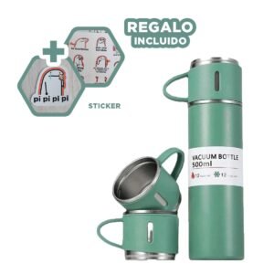 Contenedor Termico Individual con Dos Tazas para Viajes Verde Y+Regalo Sticker