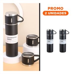 Pack2 Jarra Portatil Individual con Dos Tazas para Trabajo Diario Negro