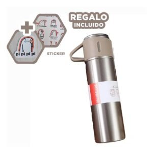 Cantimplora Termica Individual con Dos Tazas para Viajes y Casa Azul Y+Regalo Sticker