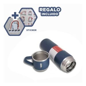 Cantimplora Termica Individual con Dos Tazas para Viajes y Casa Azul Y+Regalo Sticker