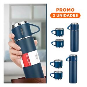 Pack2 Envase Termico Portatil con Dos Tazas para Bebidas Azul