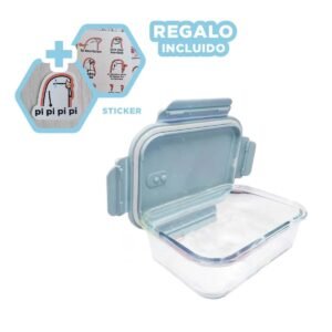Contenedor de vidrio 410 ml con tapa chico celeste para refrigeradora Y+Regalo Sticker