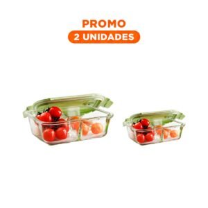 Pack2 Contenedor de Vidrio con 2 Divisiones y Tapa Color Verde para Organizar Comidas