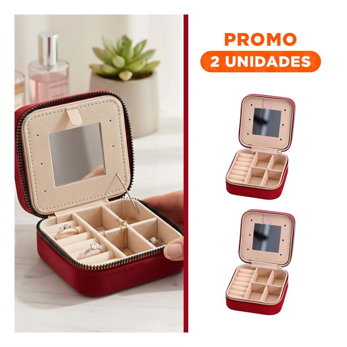 Pack2 Joyero Portatil con Espejo Terciopelo de Color Vino