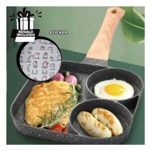 Sarten Antiadherente 3 Divisiones para Cocina con Mango de Madera Seguro Y+Regalo Sticker