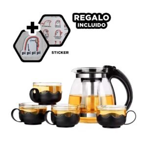 Infusor de 1000ml con 4 tazas de 150ml transparente base ondeado negro Y+Regalo Sticker