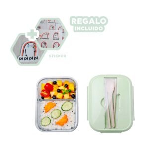 Taper con 2 Compartimentos y Cubiertos para Llevar Snacks Verde Y+Regalo Sticker