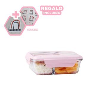 Taper Portatil de Vidrio 2 Divisiones con Cubiertos y Cierre Rosado Y+Regalo Sticker