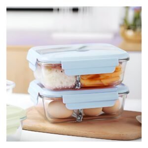 Taper de Vidrio con Cubiertos para Llevar Snack y Frutas Celeste