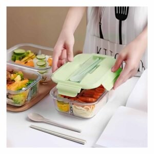 Contenedor de Vidrio con 3 Divisiones para Preparaciones Diarias Tapa Verde