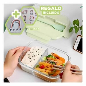 Contenedor de Vidrio con Divisiones para Snack Saludable Tapa Verde Y+Regalo Sticker