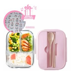 Taper con Cubiertos 3 Divisiones para Comidas Caseras Tapa Rosado Y+Regalo Sticker