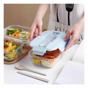 Taper de Vidrio con 3 Divisiones para Llevar Ensaladas y Frutas Tapa Celeste