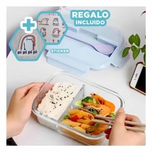 Taper de Vidrio con Divisiones para Sandwiches y Verduras Tapa Celeste Y+Regalo Sticker