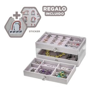 Organizador Joyero 3 Niveles De Terciopelo Plomo Con Cajones Internos Y+Regalo Sticker
