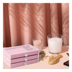 Joyero 3 Niveles de Terciopelo Rosado Organizador para Joyas con Compartimentos