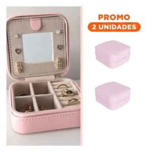 Pack2 Joyero Portatil con Espejo Cuero PU Rosado para Viaje Mujer