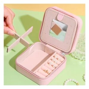 Joyero Mini Portatil con Espejo Cuero PU Rosado para Mujer