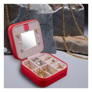 Joyero Mini Portatil con Espejo Cuero PU Rojo para Mujer