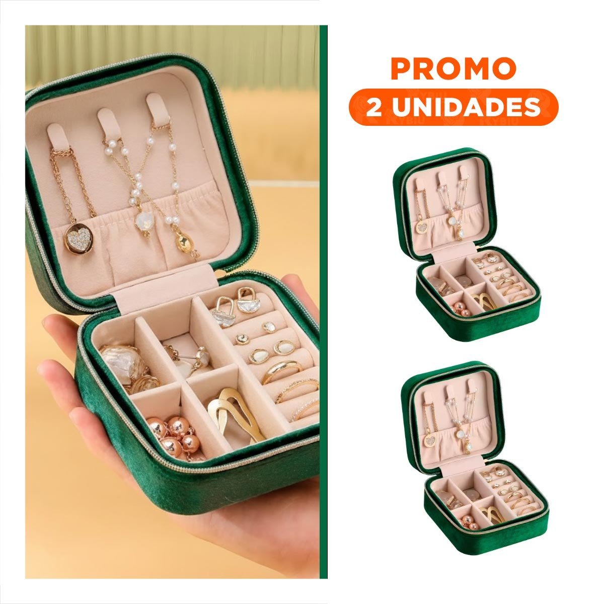 Pack2 Joyero Portatil de Terciopelo Verde Oscuro para Viaje Mujer
