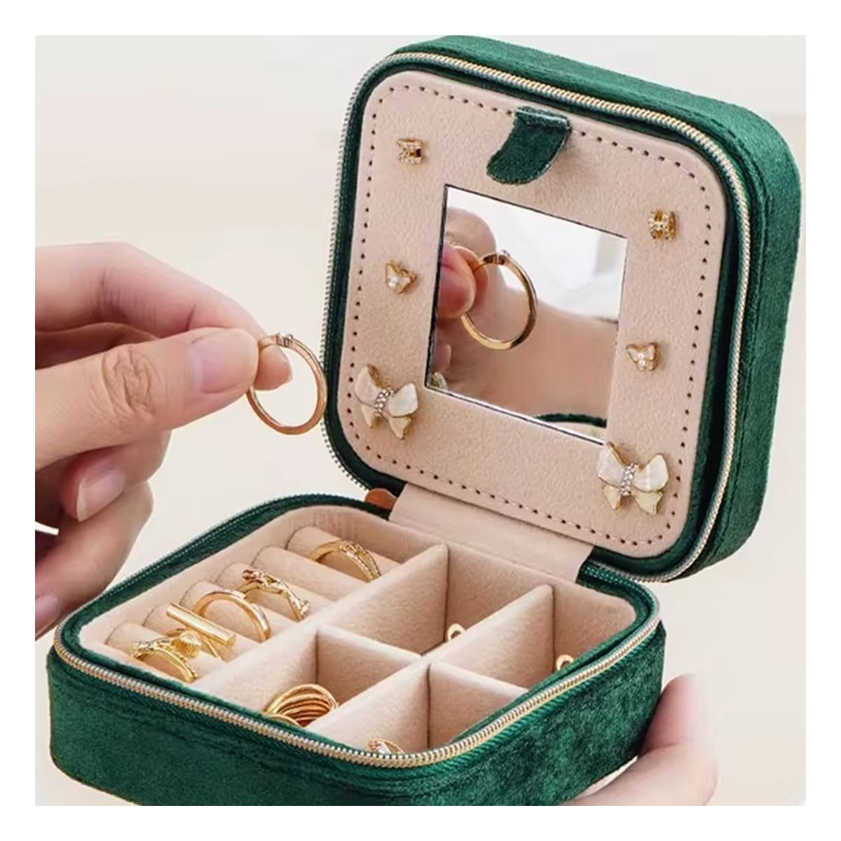 Joyero Mini Portatil con Espejo Terciopelo Verde Oscuro