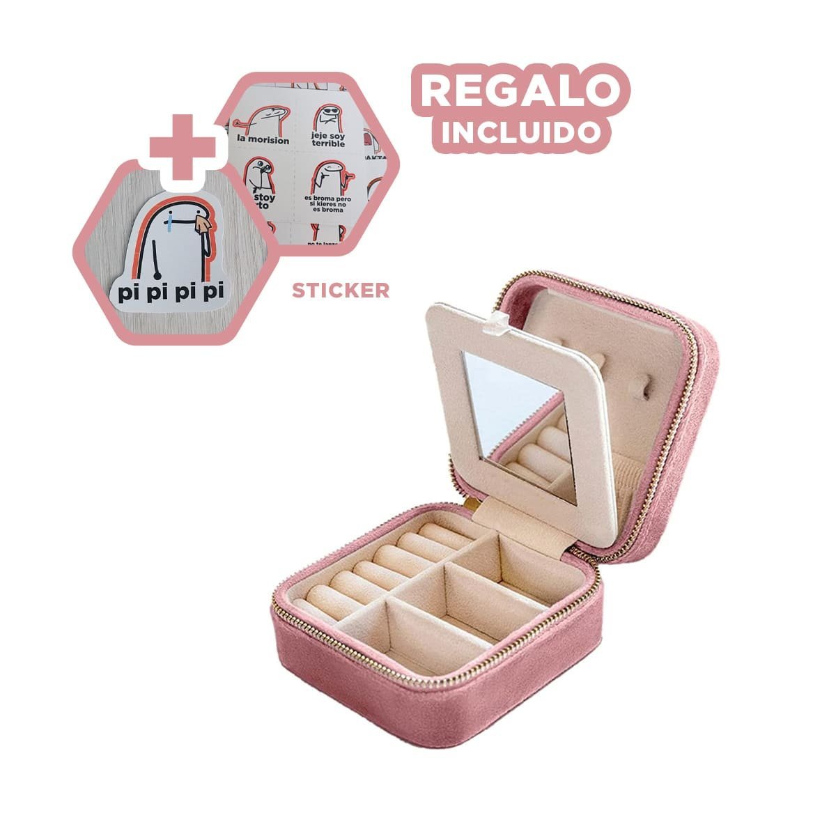 Estuche Mini Portatil con Espejo Terciopelo de Color Rosado Y+Regalo Sticker
