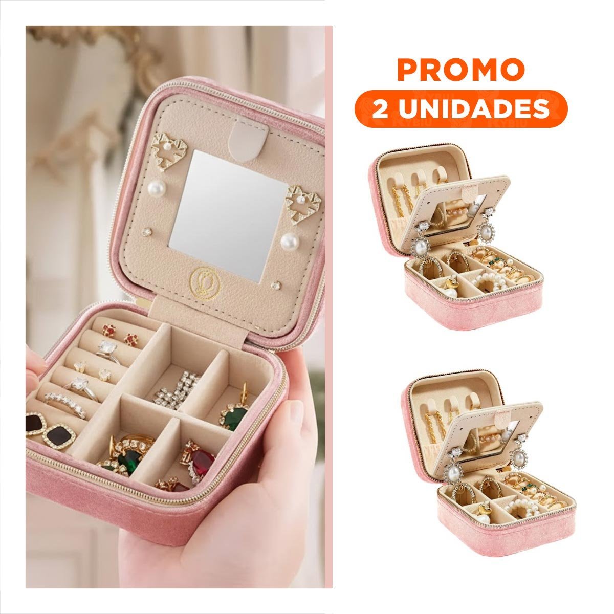 Pack2 Joyero Portatil con Espejo Terciopelo de Color Rosado