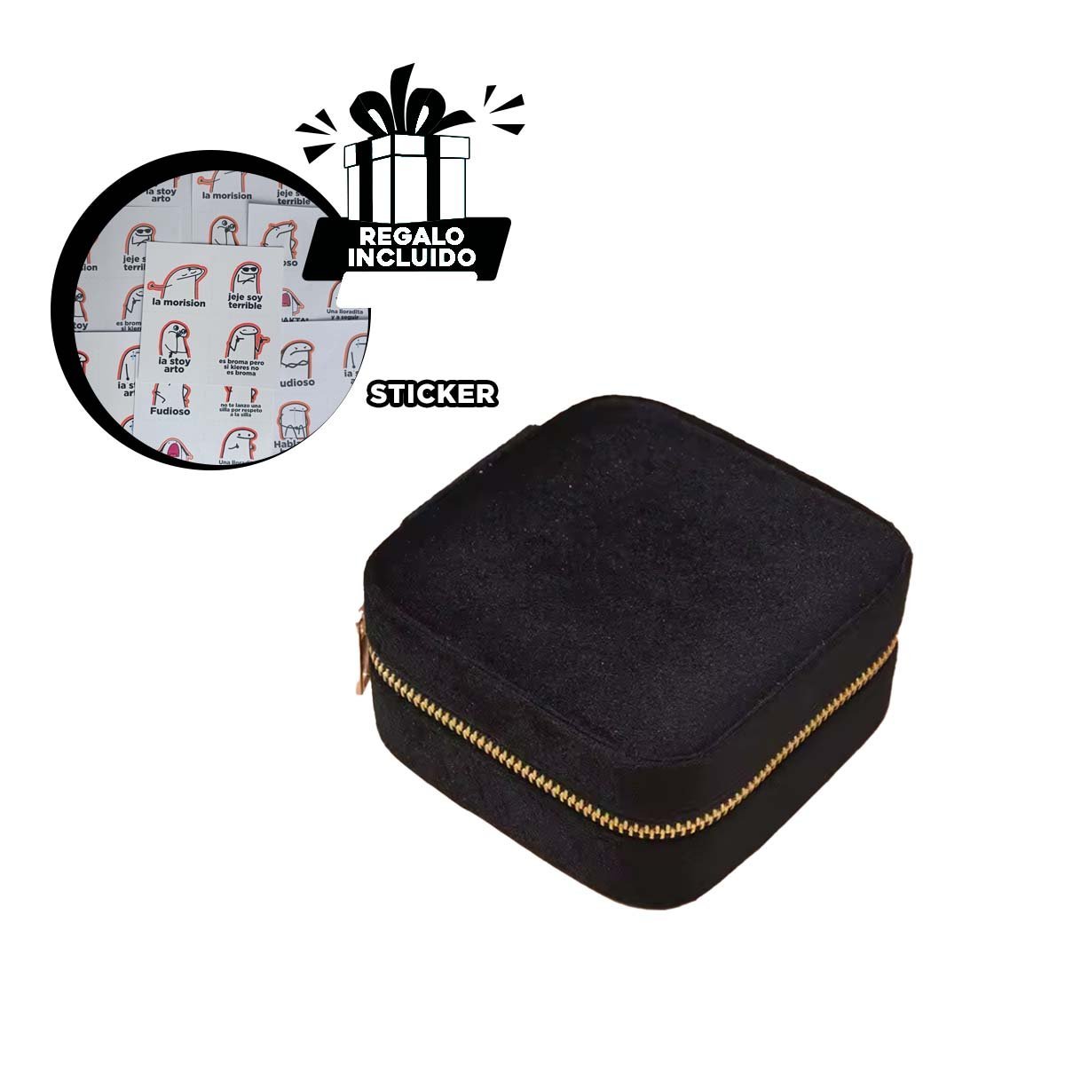 Estuche Mini Portatil con Espejo Terciopelo de Color Negro Y+Regalo Sticker