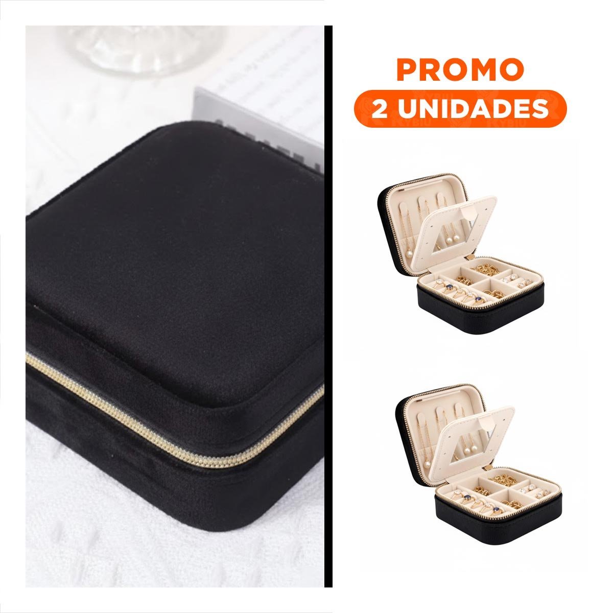 Pack2 Joyero Portatil con Espejo Terciopelo de Color Negro