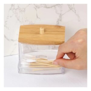 Dispensador de Acrilico Transparente para Hisopos con Tapa de Madera