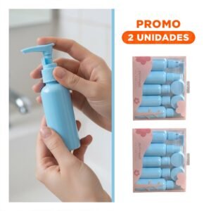 Pack2 Set de Envases de Viaje 7 Piezas Celeste Resistentes y Duraderos