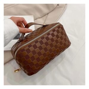 Cosmetiquero Marron de Cuadros Minimalista para Maquillaje y Viaje