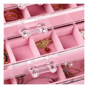 Joyero 5 Niveles Terciopelo y Acrilico Rosado para Organizar Collares y Pulseras