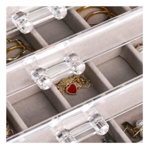 Joyero 5 Niveles Terciopelo y Acrilico Plomo para Organizar Collares y Pulseras