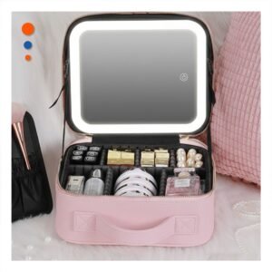 Maletin Organizador de Maquillaje con Espejo Rosado con Divisiones Internas