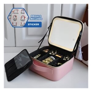 Bolso Organizador de Maquillaje con Espejo Rosado con Compartimentos Y+Regalo Sticker
