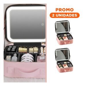 Pack2 Maletin de Maquillaje con Espejo Rosado con Separadores Ajustables