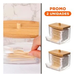 Pack2 Organizador Transparente de Acrilico para Hisopos con Tapa de Madera