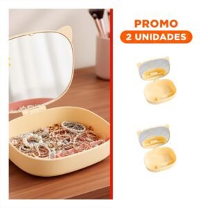 Pack2 Organizador con Divisiones Internas y Espejo Figura Gato en Color Amarillo