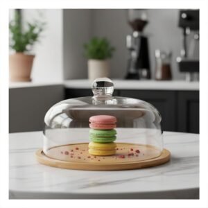 Set Base Madera con Cupula de Vidrio Transparente Bambu 29x20cm Guardar Alimentos