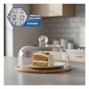 Set de Base Madera y Cupula Vidrio Transparente Bambu 29x20cm Almacenaje Y+Regalo Sticker