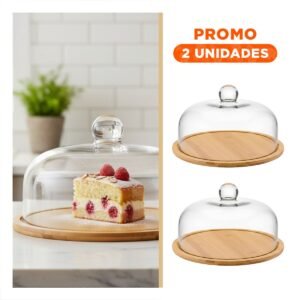Pack2 Equipo de Base Madera con Cupula de Vidrio Transparente Bambu 29x20cm Cocina Hogar