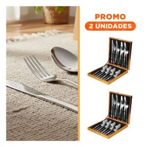 Pack2 Vajilla con 16 Cubiertos para Mesa Moderna con Caja Plateado
